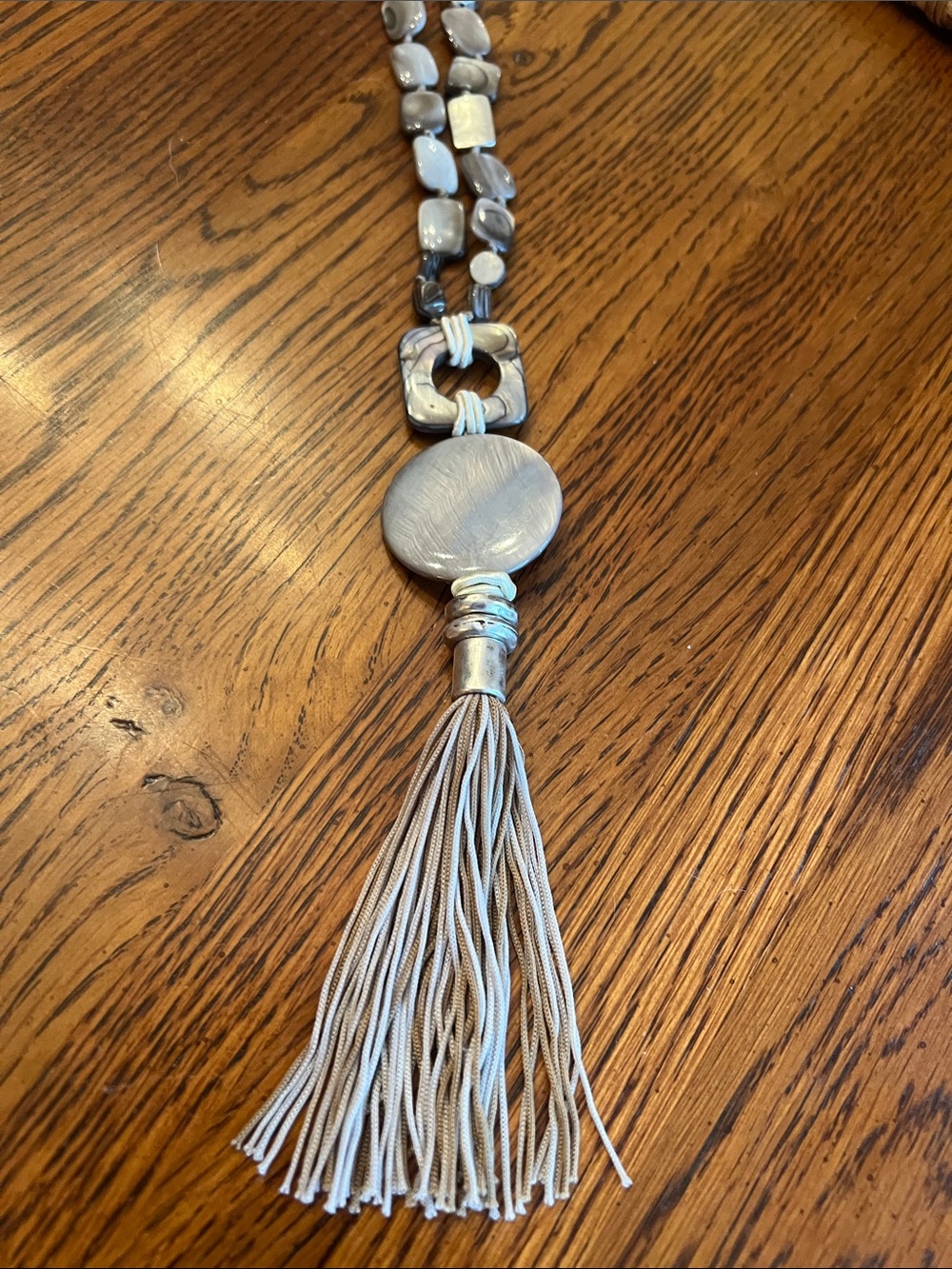 Chico’s Long Gray and Silver Shell Necklace NWT